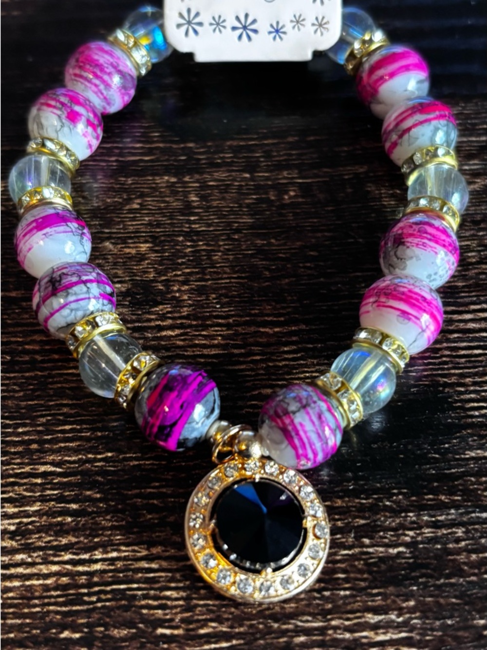Fashion Beaded Bracelet‎ with Pink Marble Beads and Black Crystal Charm